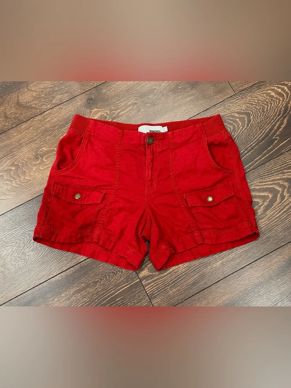 Linen Blend Sonoma Red Women's Cargo Shorts with Front Flap Pockets
